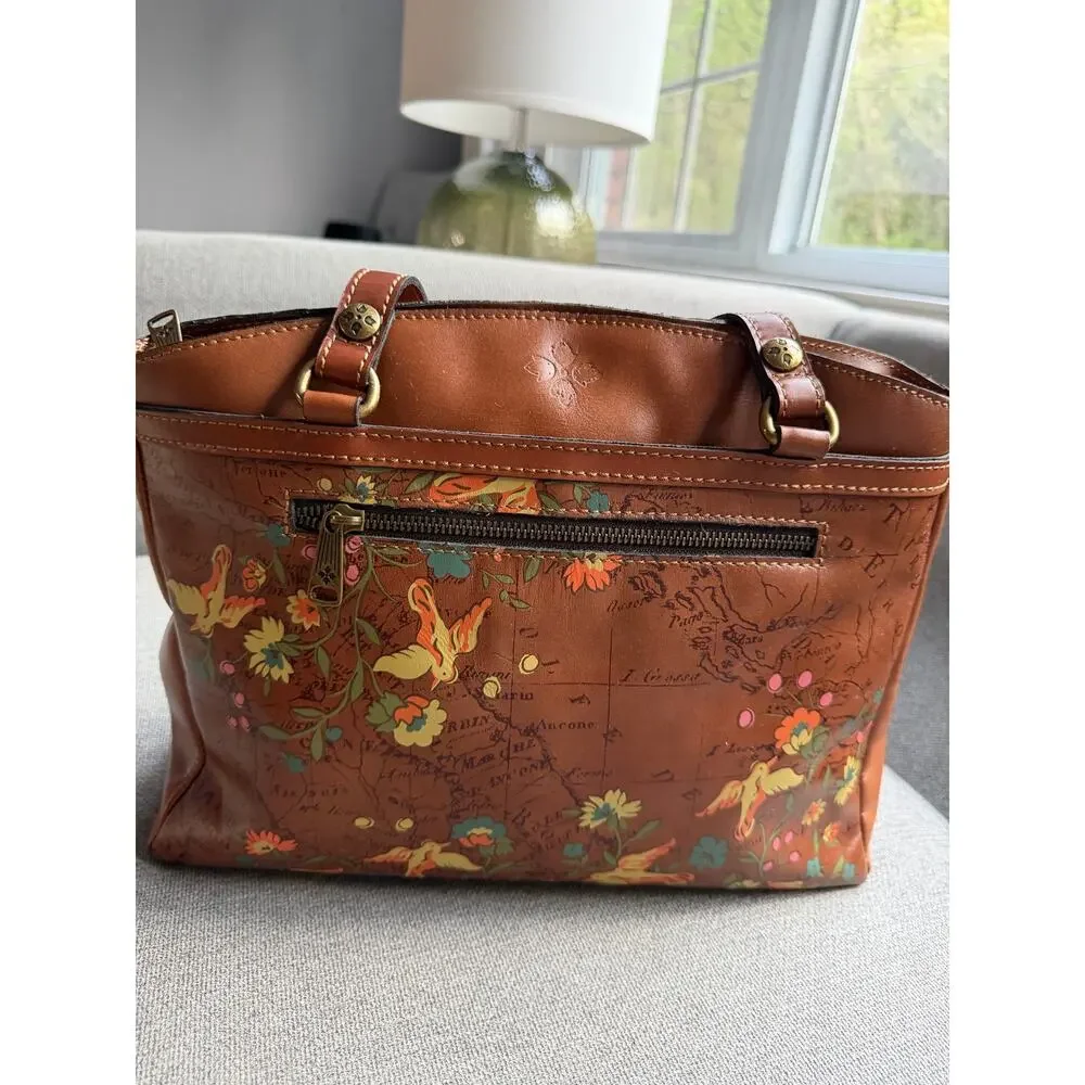 Patricia Nash Poppy Leather Boho Tote Shoulder Bag Floral Bird Map Print Tan